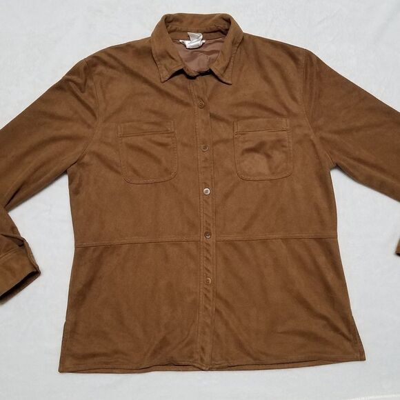 VINTAGE 90s JNY Camel Faux Suede Button Up Top - Picture 3 of 11